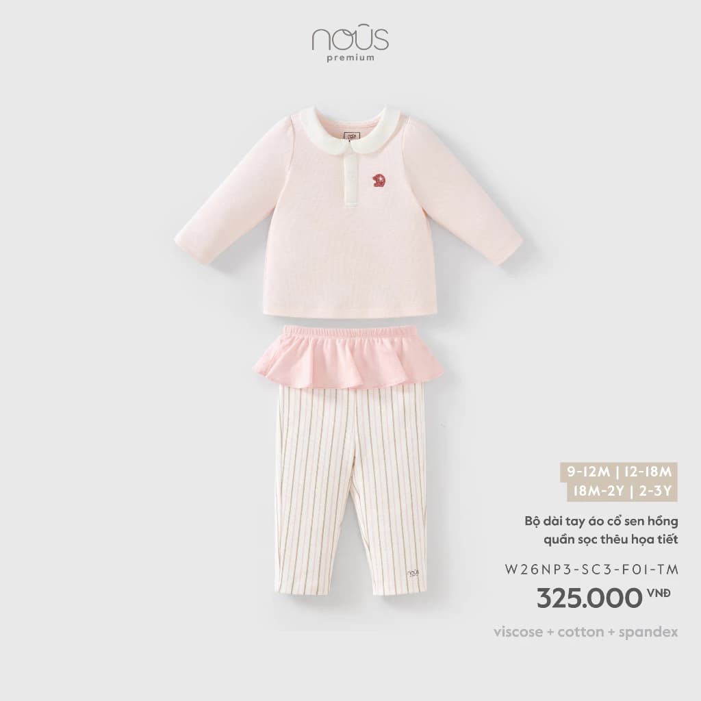 Nous Baby Bộ quần dài phối bèo váy kèm áo cổ sen cách điệu cho bé gái xinh xắn mềm nhẹ từ 8.5-15kg BST T8
