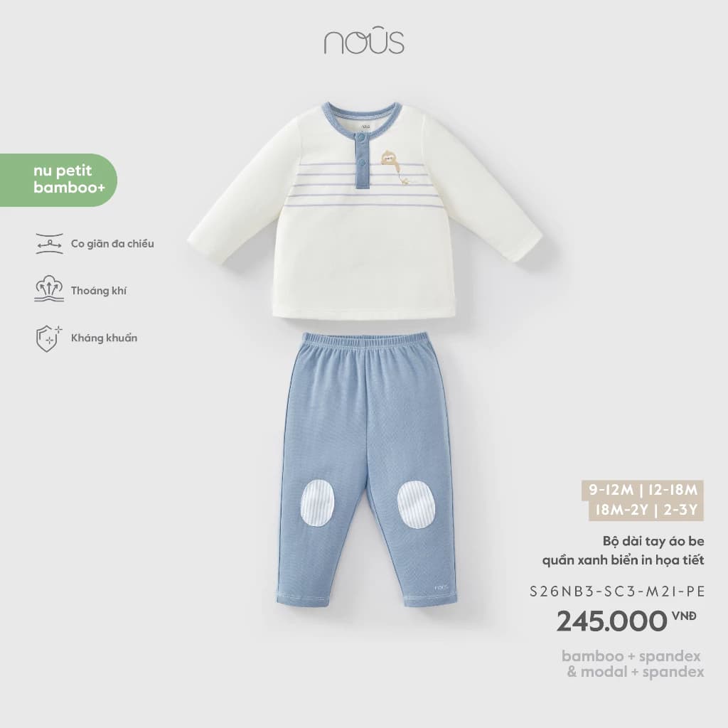 Nous Baby Bộ quần áo dài tay phối màu cổ trụ cho bé trai, bộ dài chui đầu mềm nhẹ cho bé từ 8.5-15kg BST T8