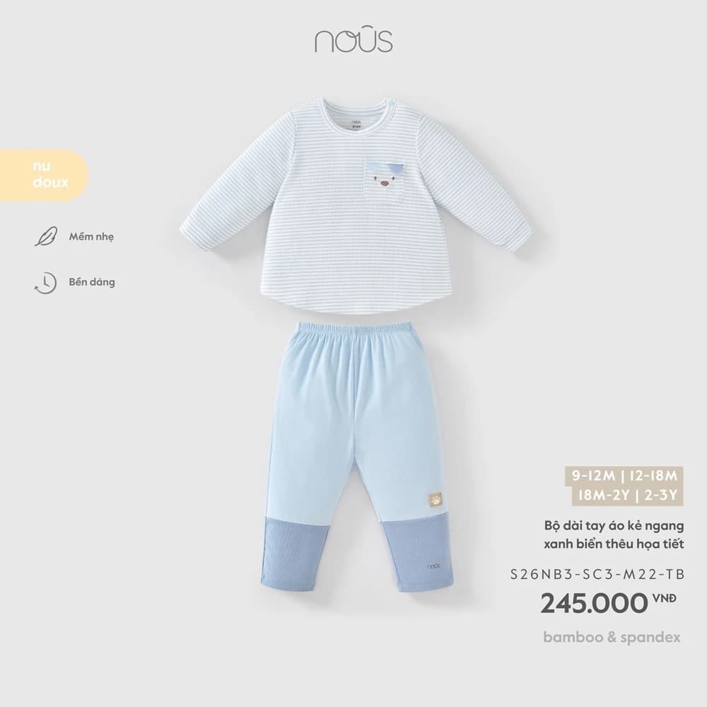 Nous Baby Bộ quần áo dài tay chui đầu, bộ dài họa tiết nhỏ xinh mềm mịn cho bé trai từ 8.5-15kg BST T8