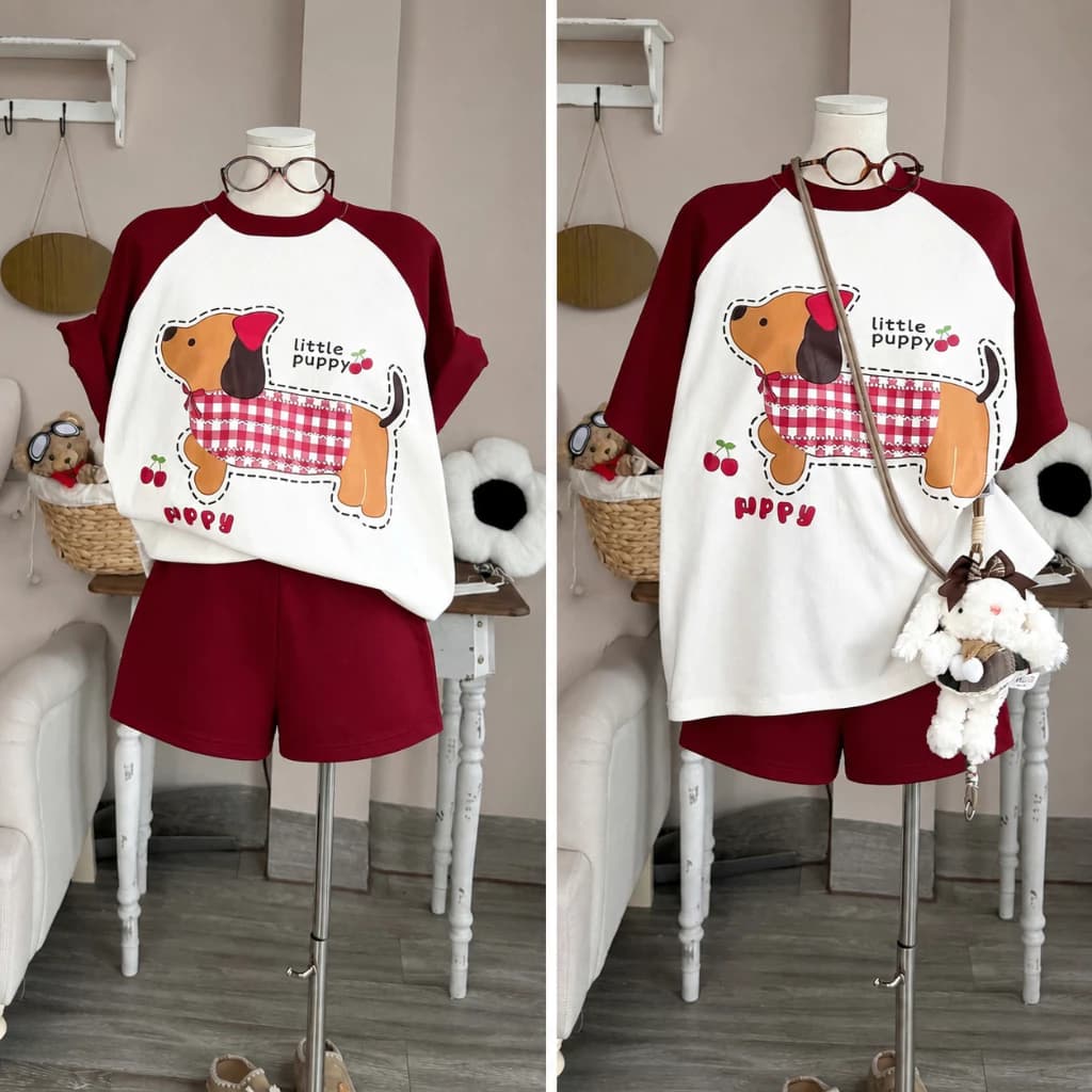 Sét bộ nữ áo thun cổ tròn phối quần bèo ren in hình cún little phối đỏ mặc đi chơi ở nhà phong cách Genzstudio
