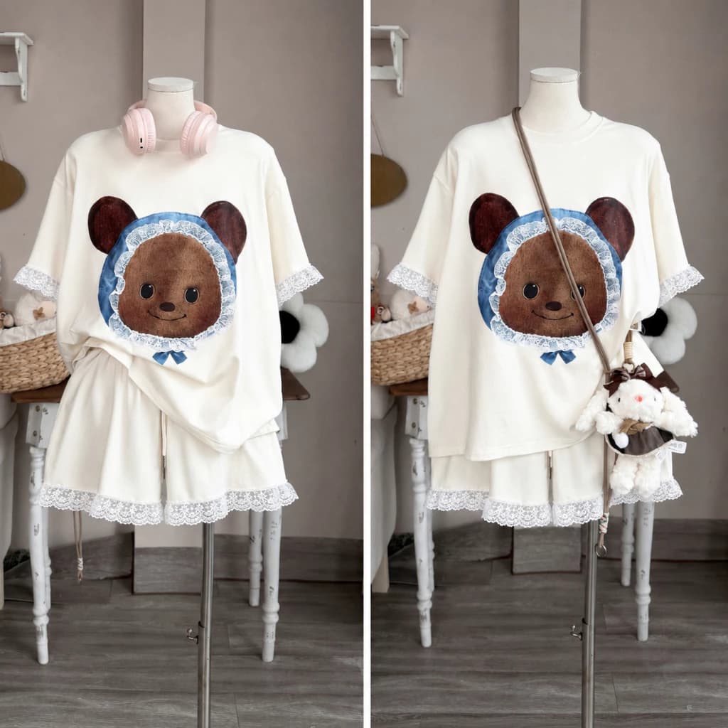 CHÍNH HÃNG Set bộ nữ áo thun cổ tròn kèm quần đùi bèo in hình tai gâu đội khăn dễ thương mặc hè ở nhà đi chơi