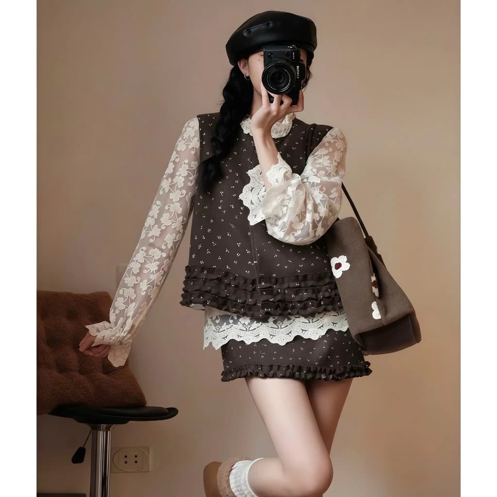 (KO KÈM ÁO TRONG) [SET 3 CHI TIẾT] Set Dạ Kiểu Nữ S237 Chất Dạ Ép 8 Lớp Kèm Chân Váy Họa Tiết Viền Bèo Tiểu Thư Dày Dặn