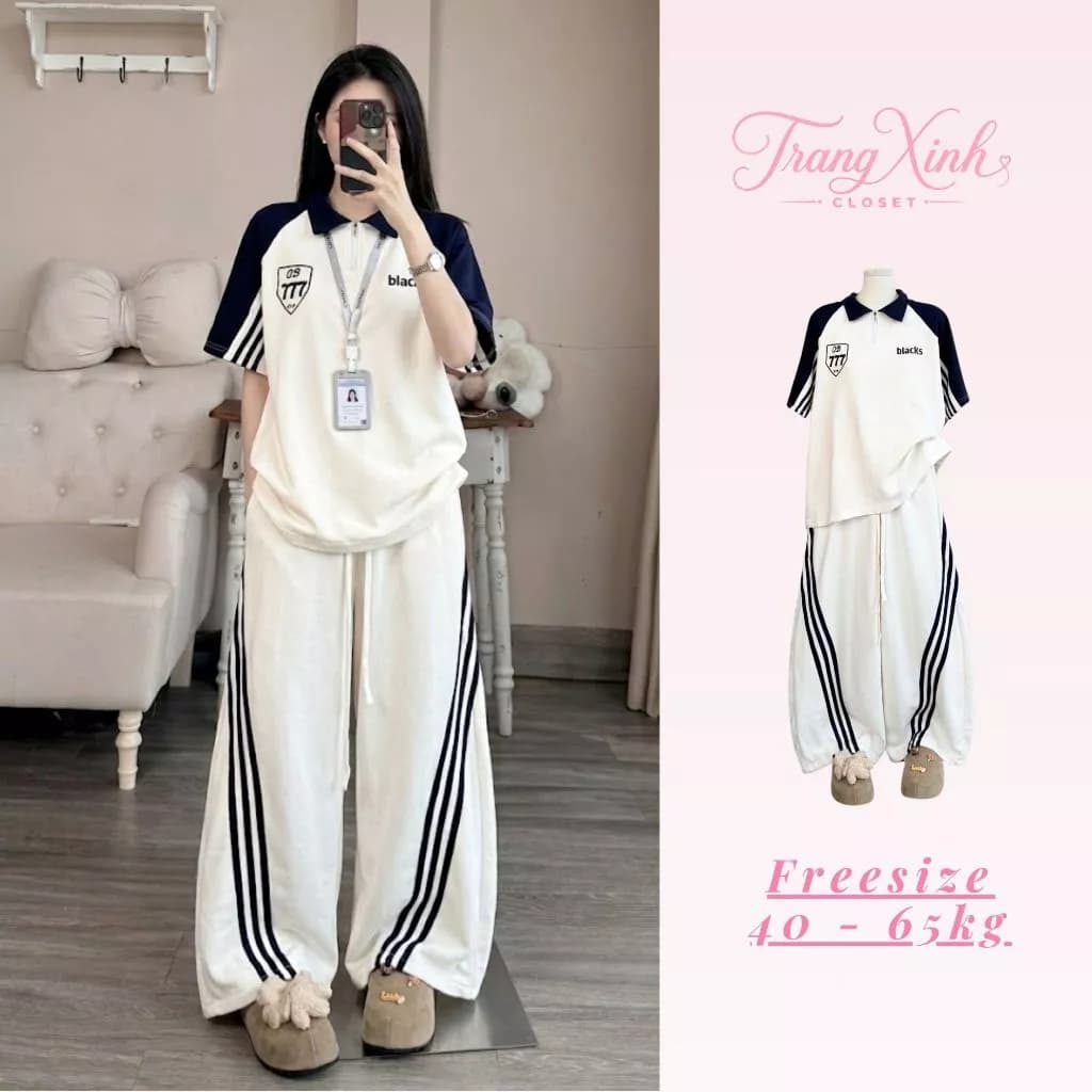 Set Bộ Thể Thao Nữ Polo Phối Sọc Xanh Navy, Áo Cổ Bẻ Form Rộng + Quần Suông Ống Rộng Sọc 3 Line TX29