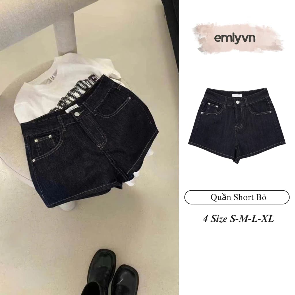 EMLY - Quần Short Bò Nữ Cạp Cao Basic Cao Cấp Co Dãn Nhẹ, Quần short Jean Mài Xanh Đậm Cao Cấp