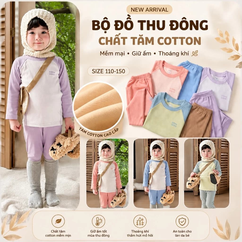 Đồ Bộ Bé Trai Bé Gái quần áo thu đông trẻ em chất len tăm cho bé từ 6kg size đại 60kg set đồ dài tay ADMY