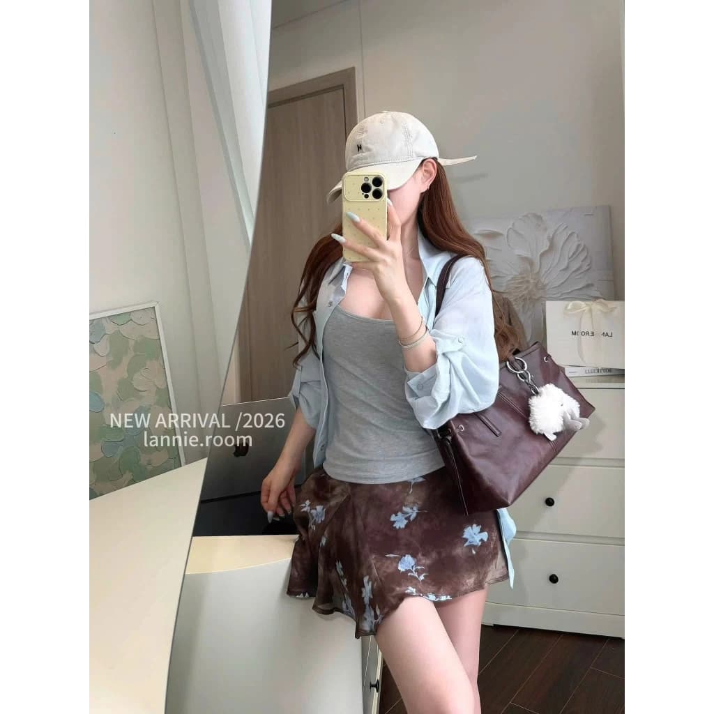 LAN01083- SET BỘ NỮ ÁO HAI DÂY XÁM MIX CHÂN VÁY NÂU HỌA TIẾT HOA LANNIE