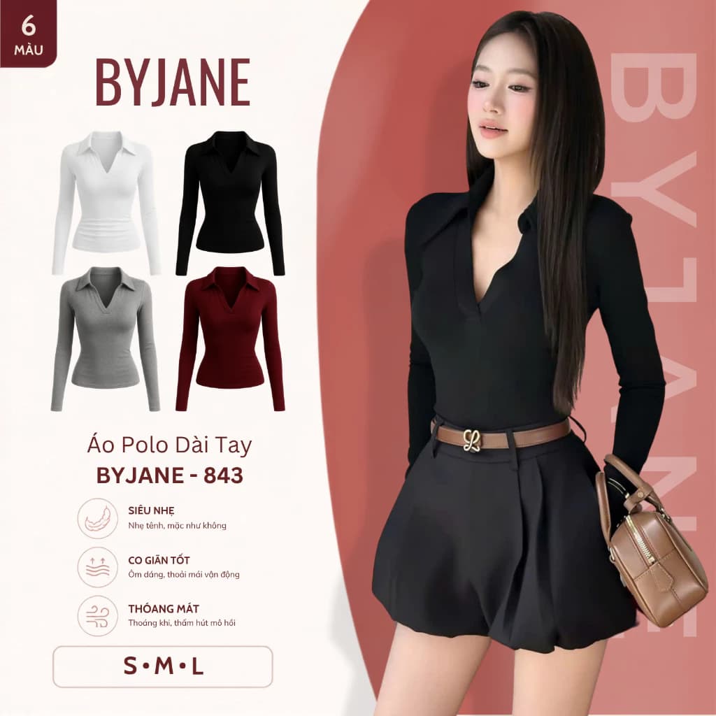 [ MÀU MỚI ] Áo Thun Ôm Body Dài Tay Polo Cổ Sơ Mi Chất Thun Mịn  Co Giãn 4 Chiều BYJANE - 843