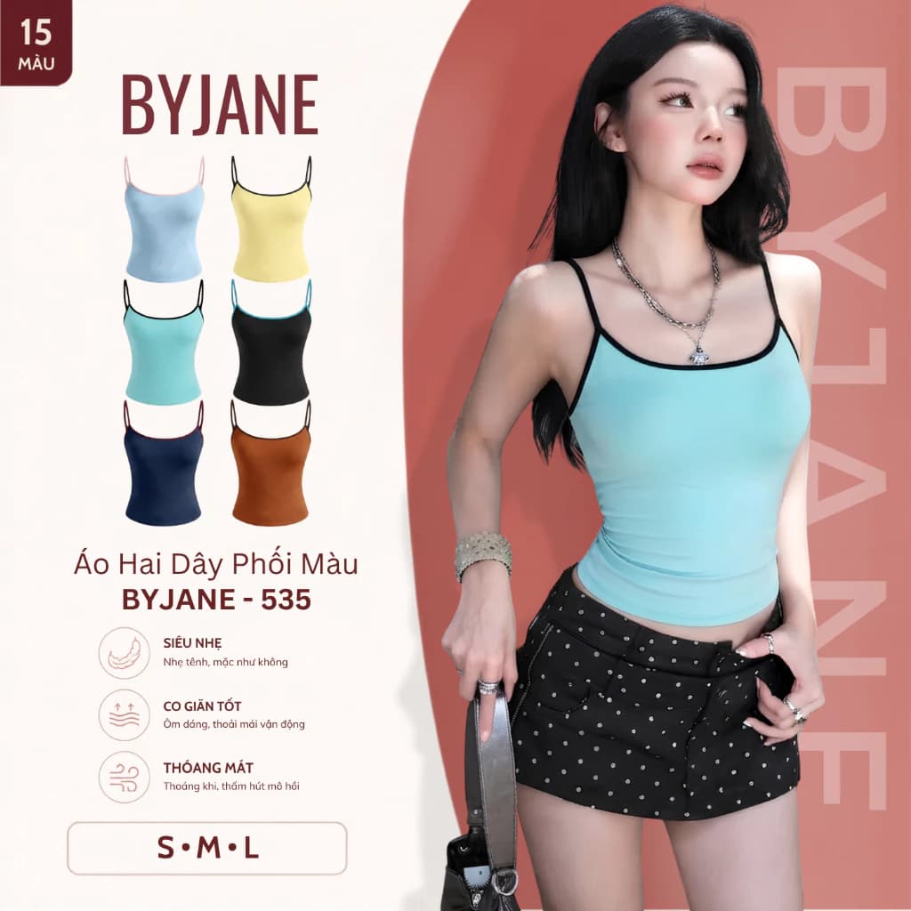 [ MÀU MỚI ] Áo Hai Dây Nữ Ôm Body Phối Viền Màu Chất Thun Mịn Co Giãn 4 Chiều Mềm Mịn Tôn Dáng Basic BYJANE - 535