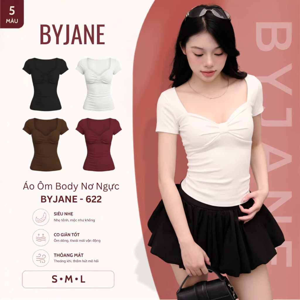 Áo Thun Nữ Ôm Body Nơ Ngực Cổ Tim Tay Ngắn Co Giãn 4 Chiều Mềm Mịn Tôn Dáng Quyến Rũ Dễ Phối Đồ BYJANE - 622