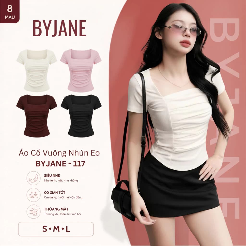 [MÀU MỚI] Áo Thun Nữ Ôm Body Cổ Vuông Nhún Ngực BYJANE Co Giãn 4 Chiều - 117