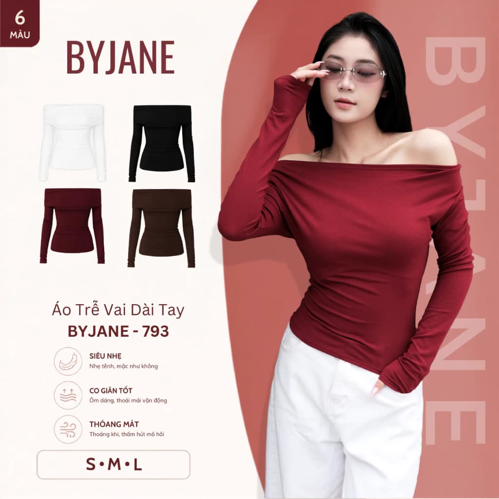 (XẢ KHO) Áo Thun Nữ Trễ Vai Dài Tay Ôm Body Chất Thun Mịn Co Dãn BYJANE - 793
