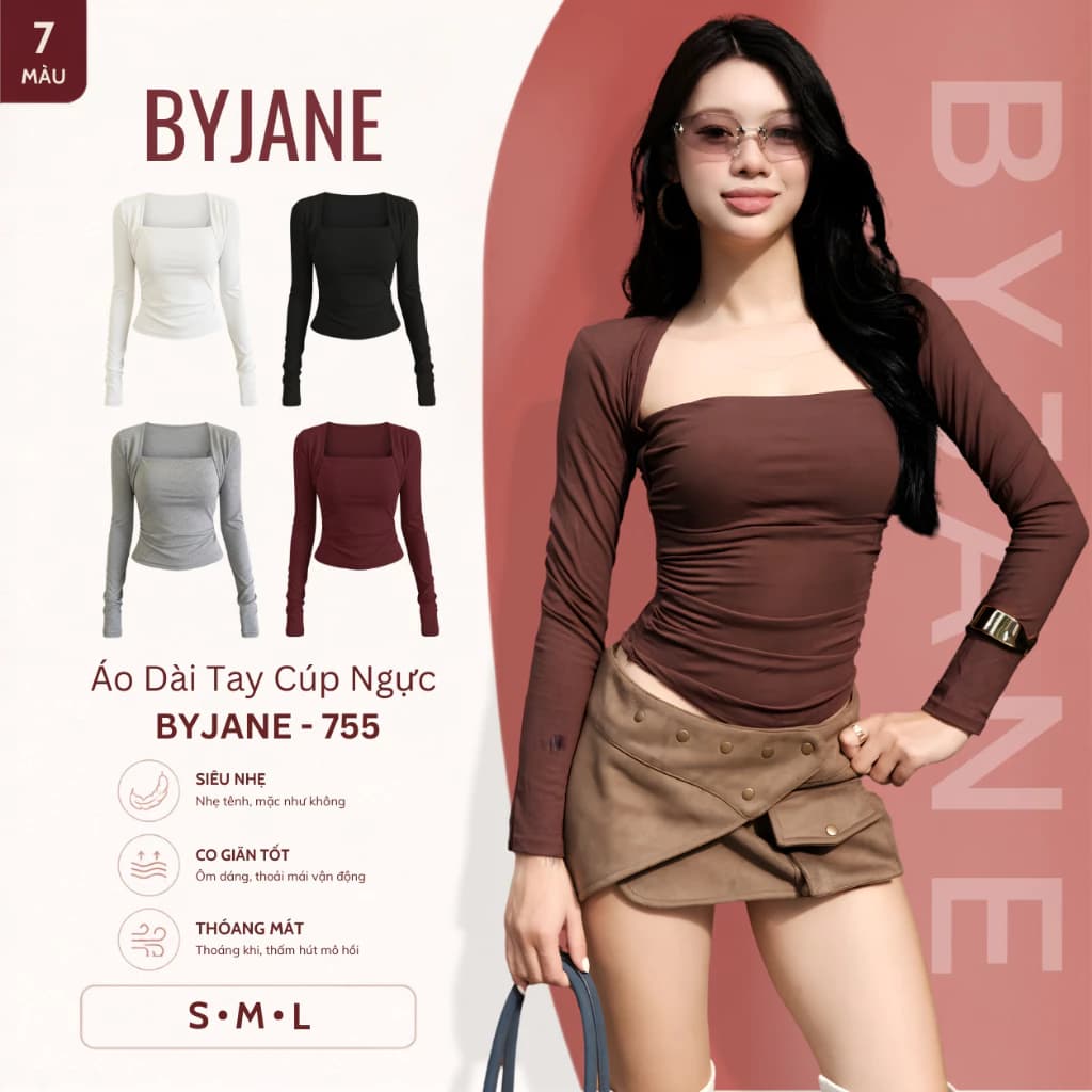 Áo ôm Body Cúp Ngực Nhún Eo Dài Tay Chất Thun mịn Siêu Co Dãn BYJANE - 755