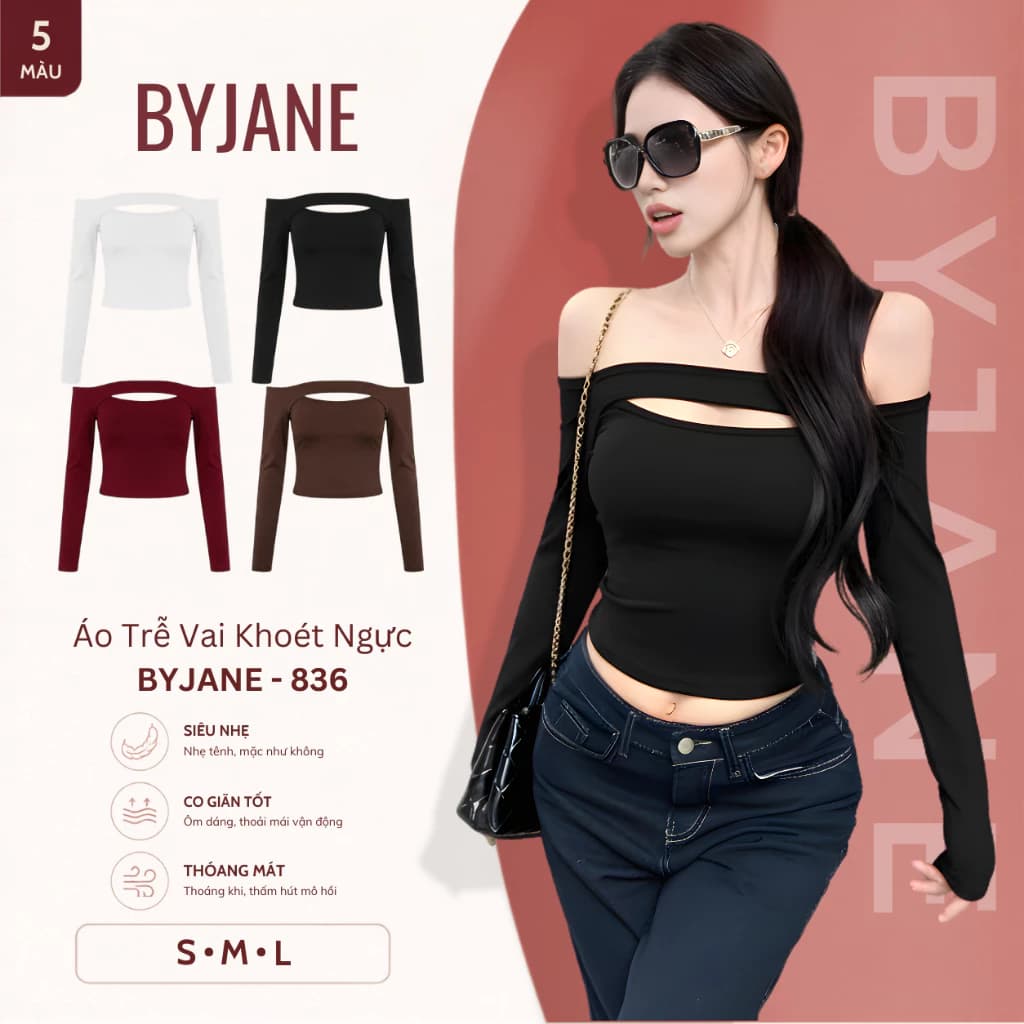 (XẢ KHO) Áo Thun Nữ Trễ Vai Khoét Ngực Dài Tay Co Dãn 4 Chiều BYJANE-836