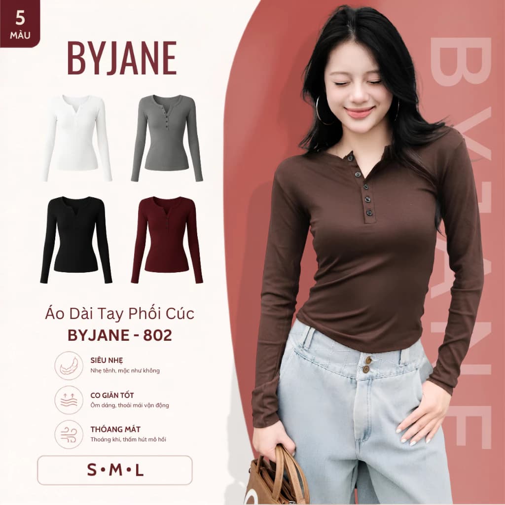 [MÀU MỚI] Áo Thun Nữ Dài Tay Khuy Cúc Chất Thun Min Co Dãn 4 chiều BYJANE - 802