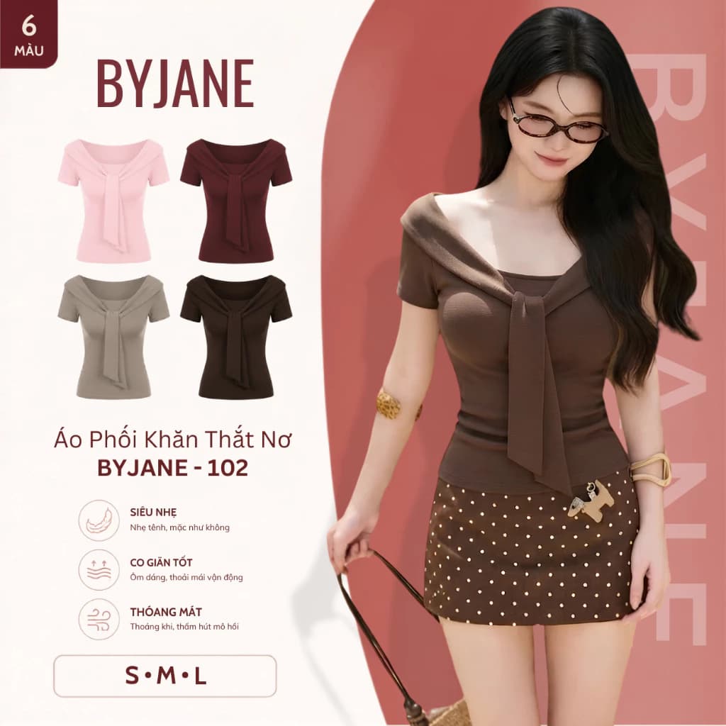 [MÀU MỚI] Áo Thun Nữ Phối Khăn Thắt Nơ Cổ Trễ Vai Ôm Body Co Giãn 4 Chiều Mềm Mịn Hot Trend BYJANE-102
