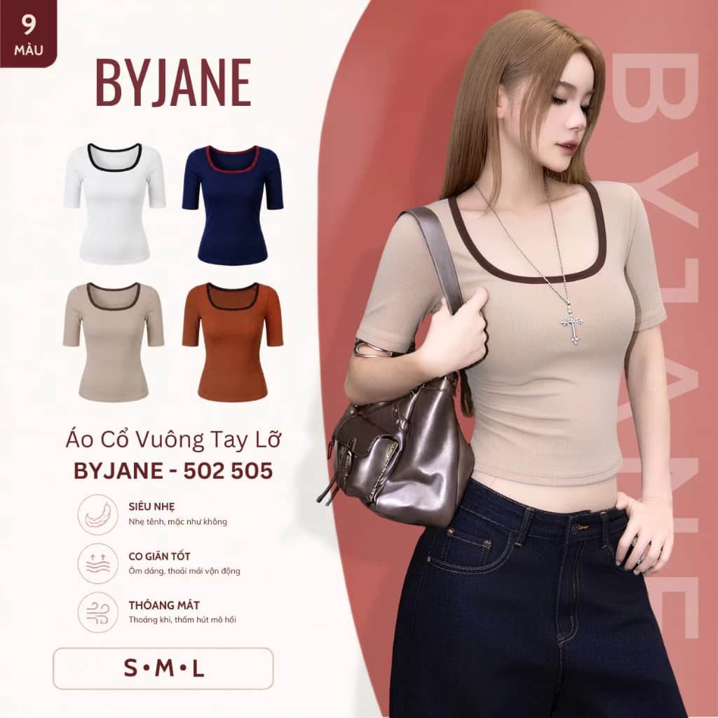Áo Thun Nữ Cổ Vuông Tay Lỡ Phối Viền Ôm Body Chất Thun Mịn Co Giãn 4 Chiều Basic Tôn Dáng Nhiều Màu BYJANE 505-502