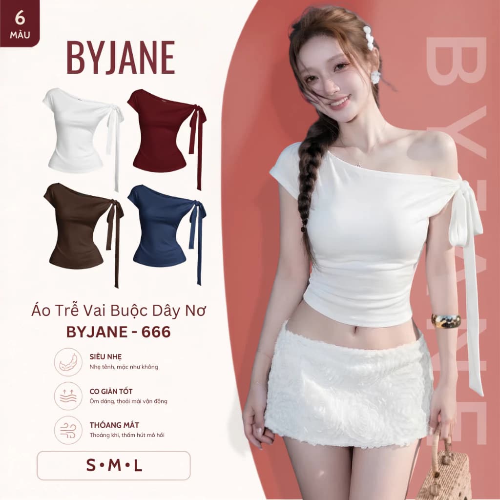 Áo Thun Nữ Trễ Vai Ôm Body Thắt Nơ Chất Thun Mịn Co Dãn 4 Chiều BYJANE - 666