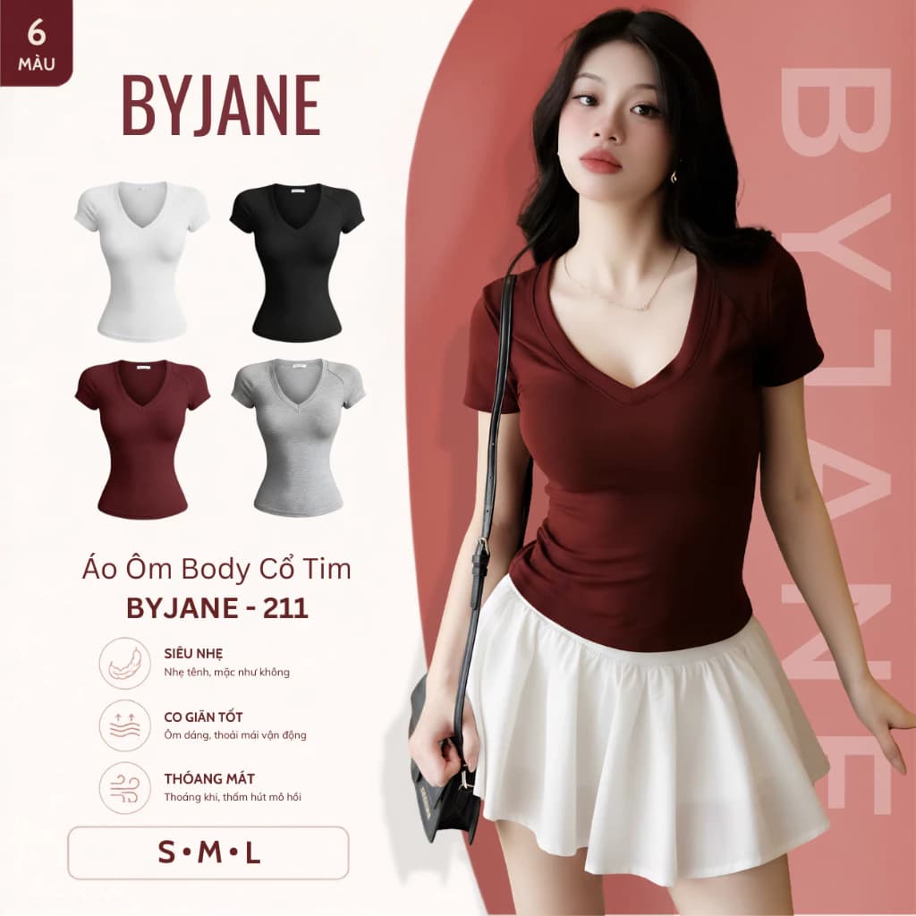 Áo cổ tim ôm body BYJANE áo phông cộc tay nữ ngắn tay thun mịn co dãn 4 chiều - 211
