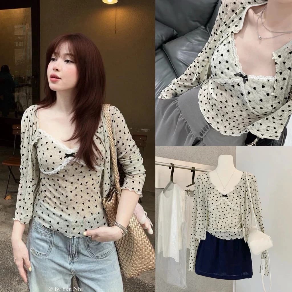 Set áo hai dây viền ren đính nơ kèm áo khoác cardigan hoạ tiết TRÁI TIM ĐEN - A134