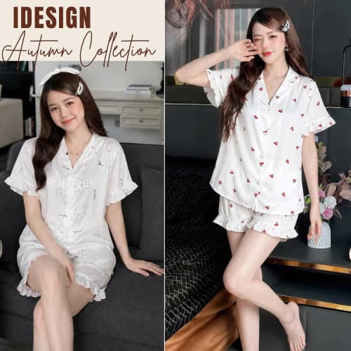 Bộ ngủ cộc tay quần cộc nữ, chất lụa xước ánh kim phối bèo mềm mại N06