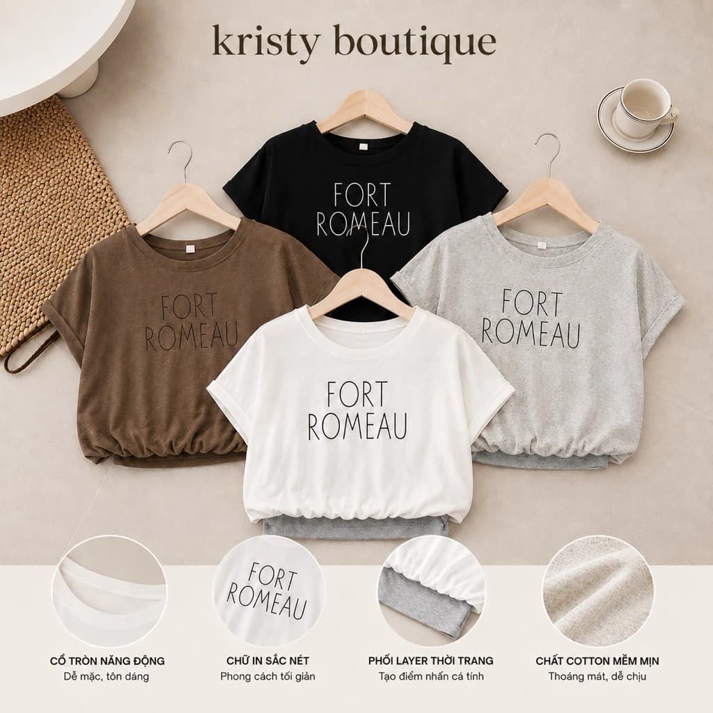 Áo Phông Cổ Rộng In Chữ "FORT ROMEAU" Phối Layer Giả 2 Lớp Cực Xinh - Tiệm Đồ Kristy
