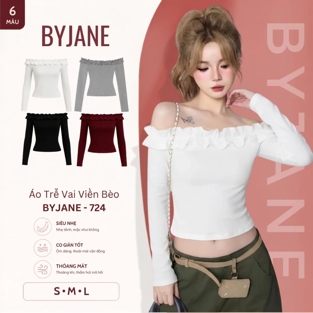 Áo Thun Trễ Vai Dài Tay Phối Bèo Chất Thun Mịn Co Dãn 4 Chiều BYJANE - 724