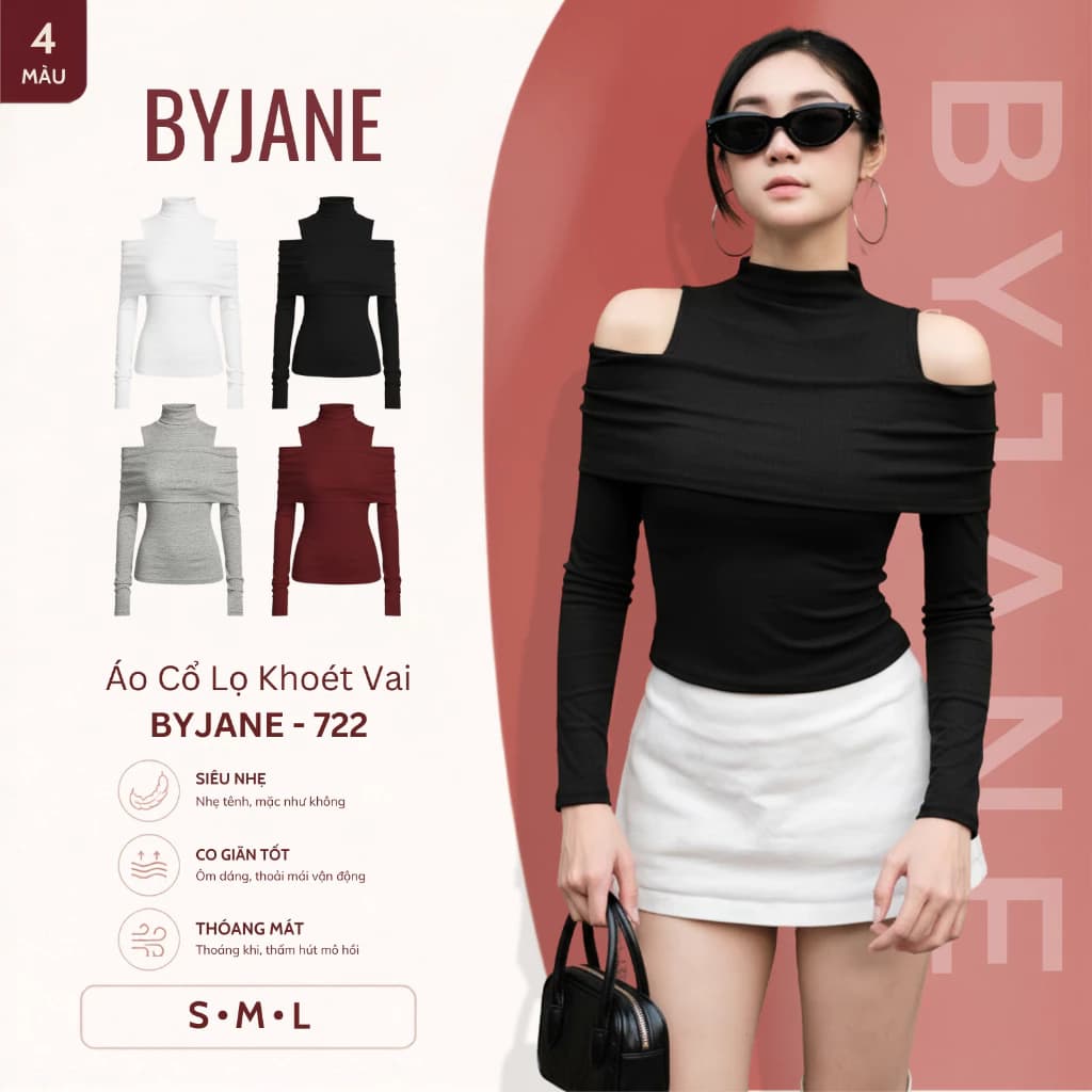 (XẢ KHO) Áo Thun Nữ Cổ Lọ Khoét Vai Tà Trước Ôm Body Chất Thun Mịn Co Dãn BYJANE - 722