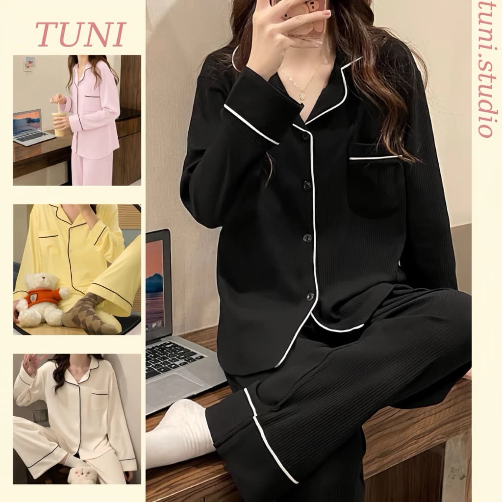 Tuni.studio Bộ Ngủ Dài Tay Trơn Viền Đen Dáng Rộng Vải Đũi Trơn Mềm Mịn PJMDT01