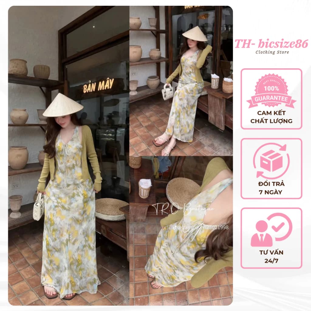 Váy đầm dài hai dây họa tiết hoa khoét cổ mix cardigan mỏng nhẹ mùa thu