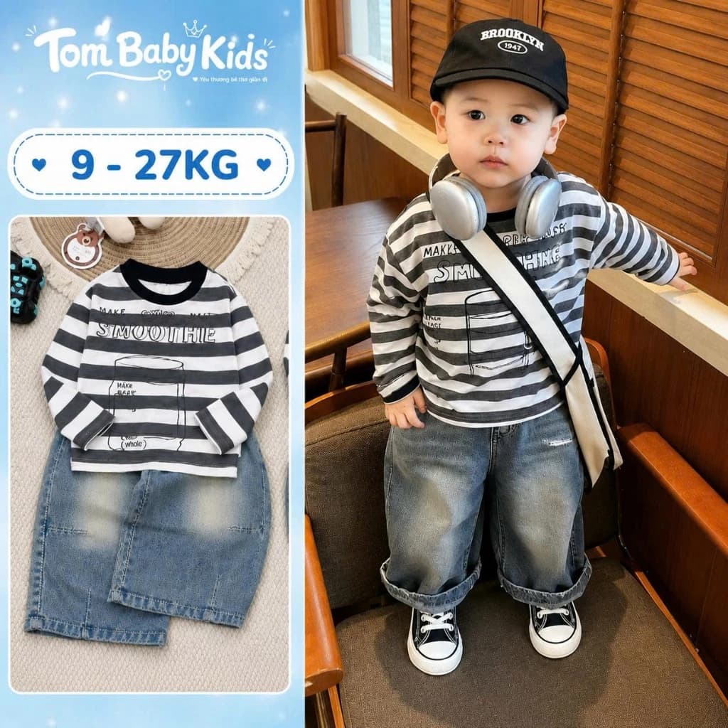 Bộ đồ bé trai, set đồ bé trai thu đông áo dài tay kẻ sọc kèm quần jean phong cách Hàn Quốc 9-27kg Tom Baby Kids