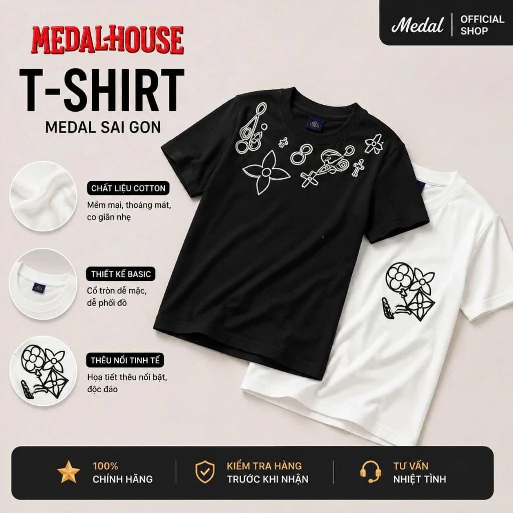 Áo thun unisex medal.Saigon họa tiết hoa 4 cánh line art phối ký hiệu nghệ thuật graffiti, áo form rộng basic streetwear