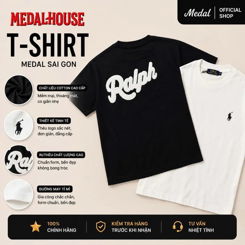 Áo thun unisex Medal.SaiGon in chữ “Ralp/Ralph” form nổi (chữ xù 3D) phong cách streetwear basic, Chất cotton thun lạnh