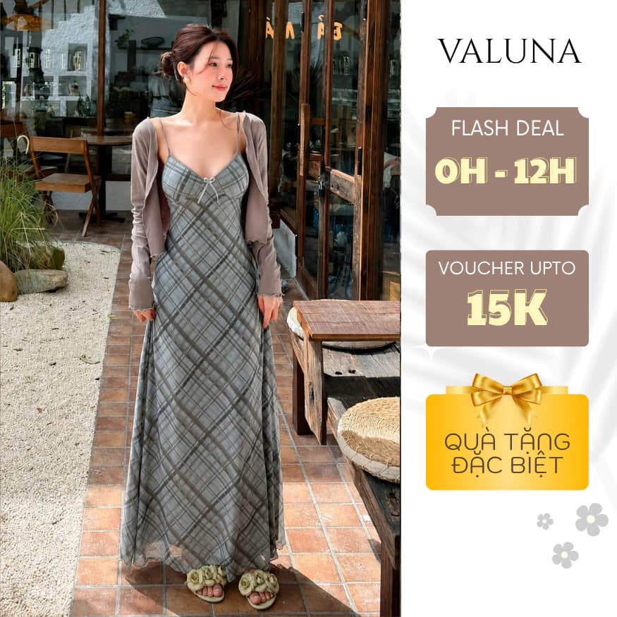 Váy maxi 2 dây caro phối áo khoác cardigan mỏng dáng dài thanh lịch phong cách Hàn VALUNA STORE 2729