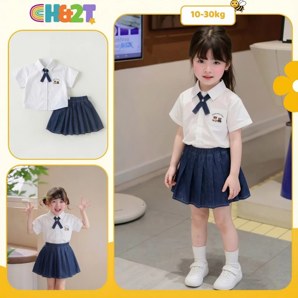 Set đồ đi học bé gái áo sơ mi trắng thắt nơ kèm chân váy xếp li denim cao cấp, đồng phục học sinh H&2T - S8