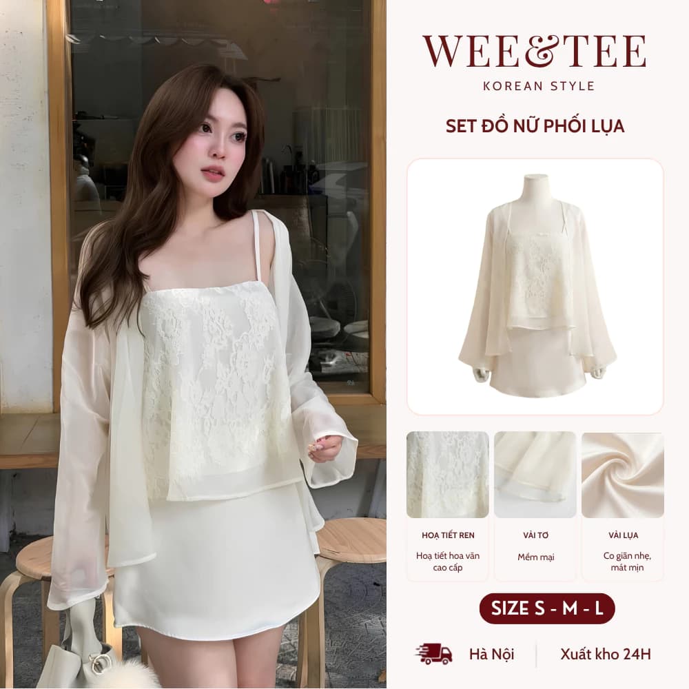 [SALE 9.9 GIẢM 40K] Set Áo 2 Dây Ren Kèm Áo Choàng Voan Mix Chân Váy Lụa Ngắn Tiểu Thư
