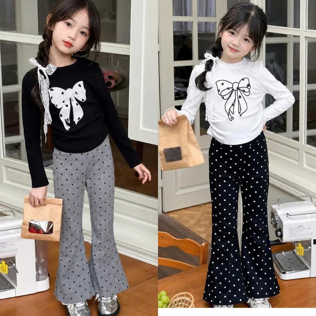[14_44kg]Set bộ quần áo thu đông dành cho bé gái (hoạ tiết áo nơ có nhún eo, quần ống loe chấm bi) thun tăm BỘ NHÚN EO.