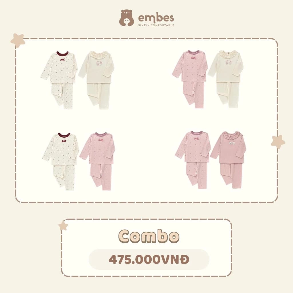 Combo Set Thu Đông Cho Bé Gái Embes, Set Quần Áo Chất Bamboo Thông Hơi Hoạ Tiết Size Từ 8-18Kg
