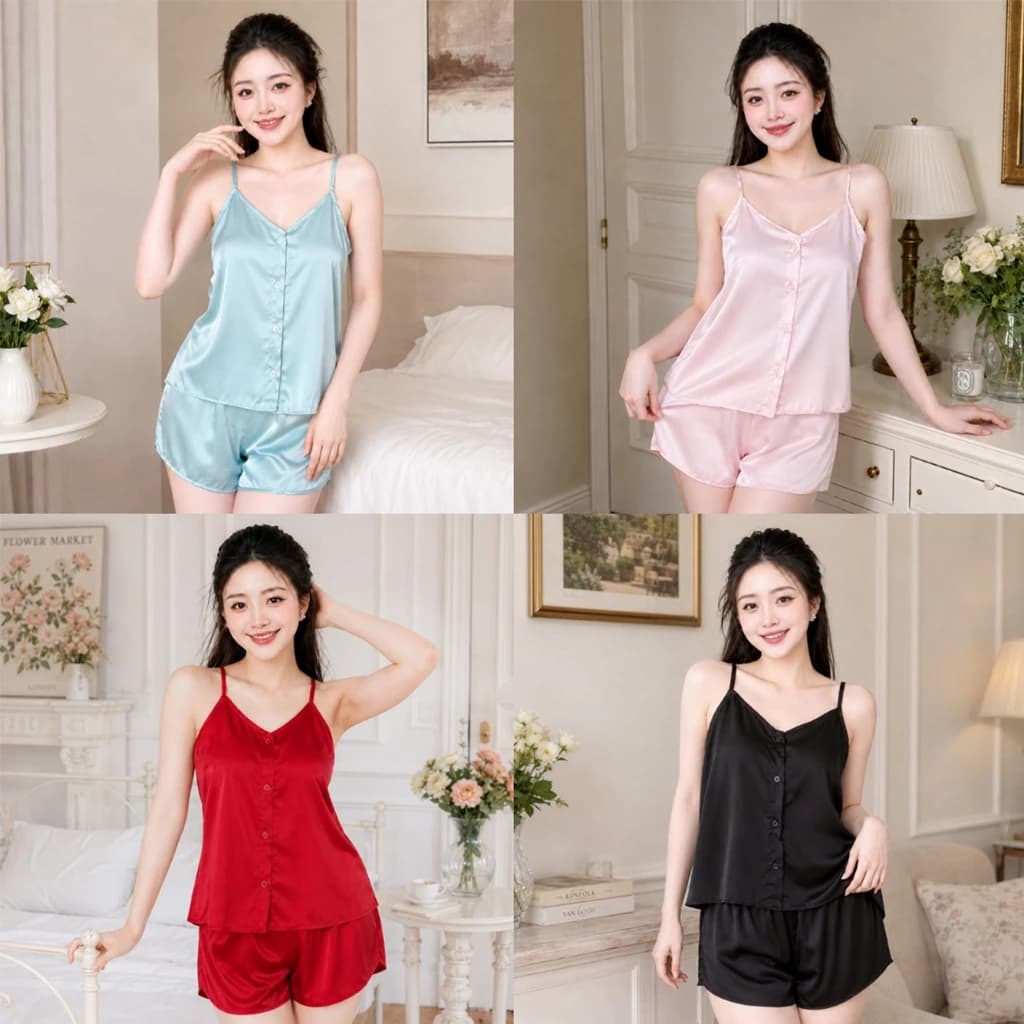 Đồ Bộ Mặc Nhà Hai Dây Cài Cúc, Quần Đùi Lụa Satin cao cấp B51