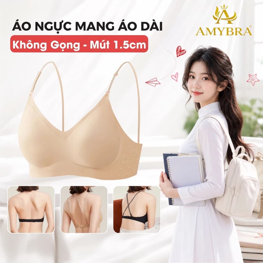 Áo Ngực Nữ Su Dây Mảnh Khoét Sâu Hở Lưng, Áo Lót Không Gọng Tàng Hình Mút 1cm AMYBRA A925