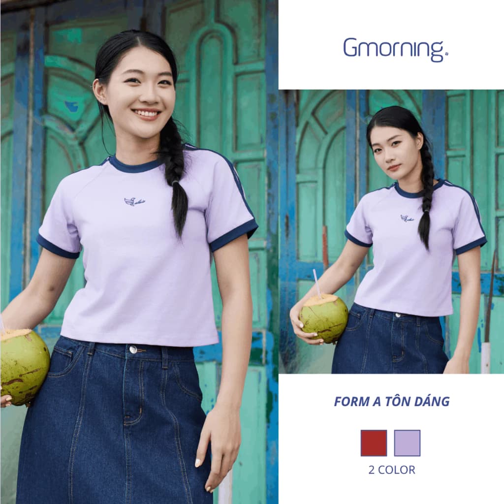 Áo Thun Nữ Form Lửng Tay Raglan Phối Sọc Thêu Ngực Gmorning YATG06045