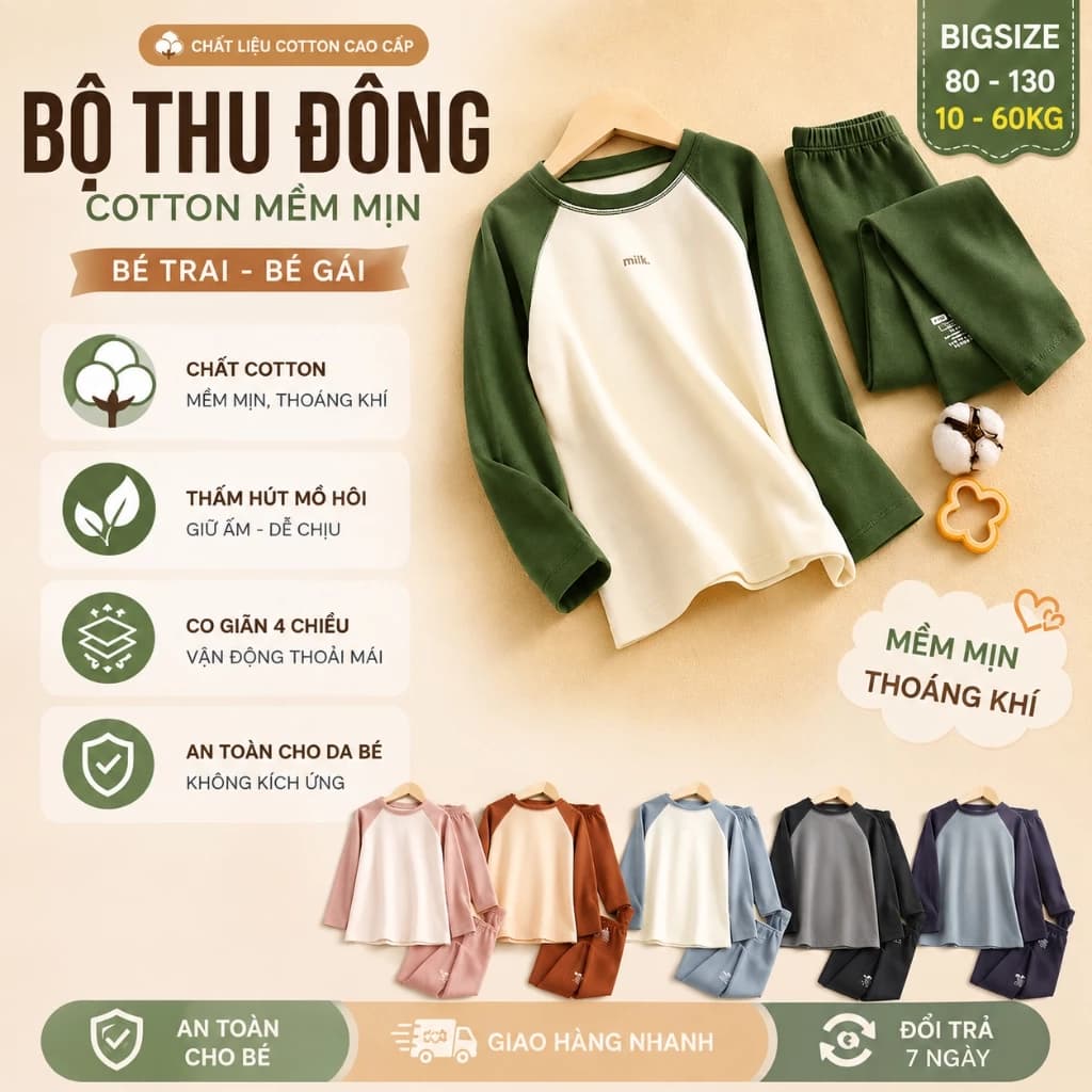 Đồ Bộ Bé Trai Bé Gái quần áo thu đông dài tay cao cấp thời trang trẻ em từ 6kg size đại 60kg set MILK