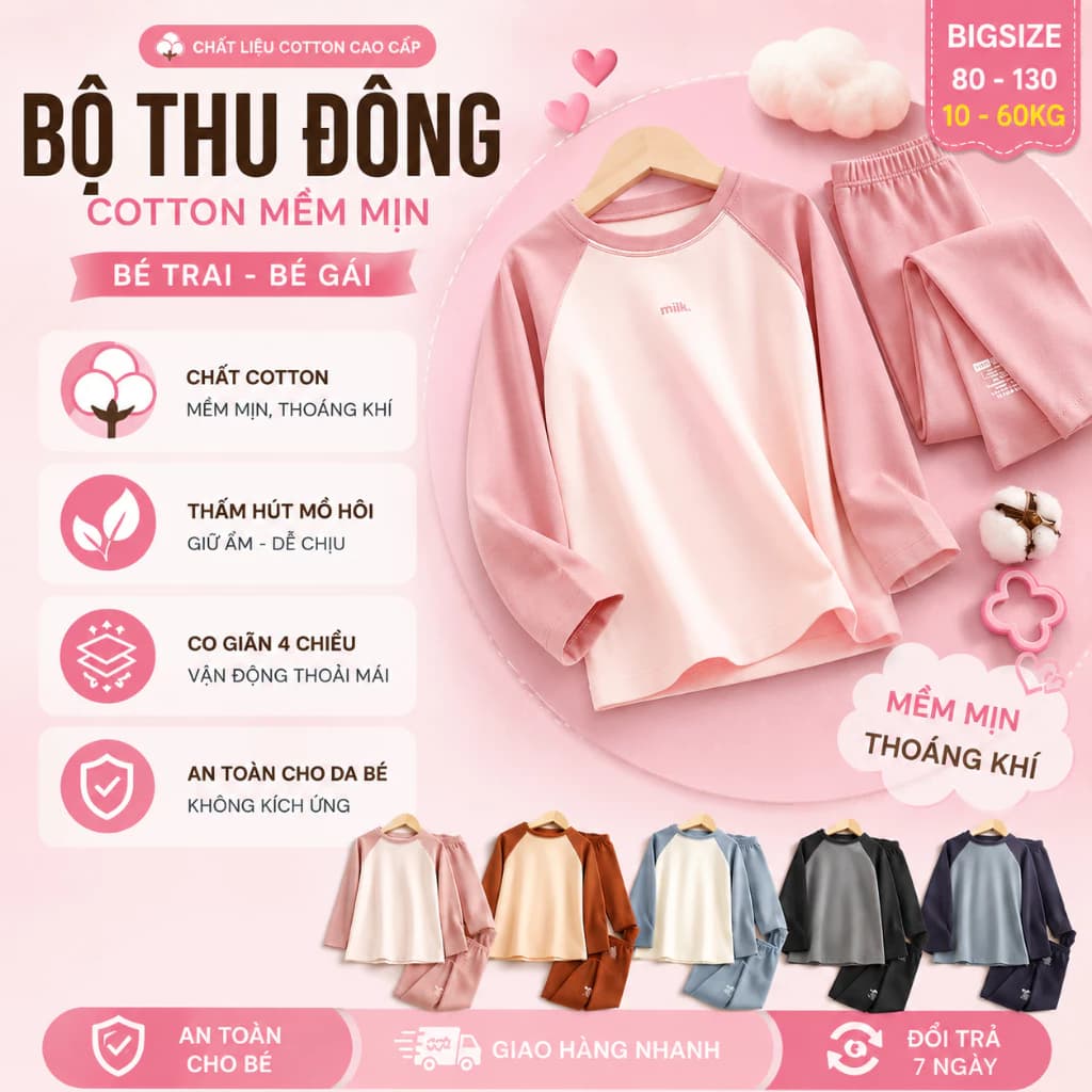 Đồ Bộ Bé Gái Bé Trai thu đông dài tay mềm mịn có size đại cho bé 6- 65kg - Set quần áo thời trang trẻ em Basic