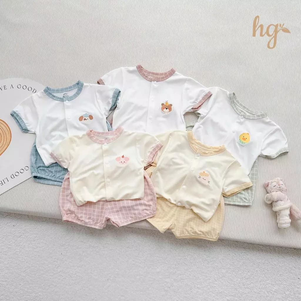 Bộ Quần Áo Cộc Tay Sơ Sinh Khuy Giữa HG Kẻ Caro Vải Petit QC Siêu Mềm Mát, Thoải Mái Cho Bé 3-8kg BC2