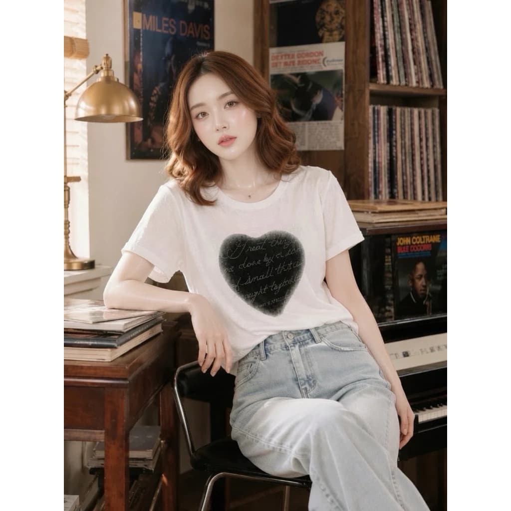 Áo Thun Nữ Cổ Tròn In Hình Trái Tim Phối Dây Lưng Sang Chảnh - Áo Phông Ngắn Tay Tiểu Thư Hot Hit