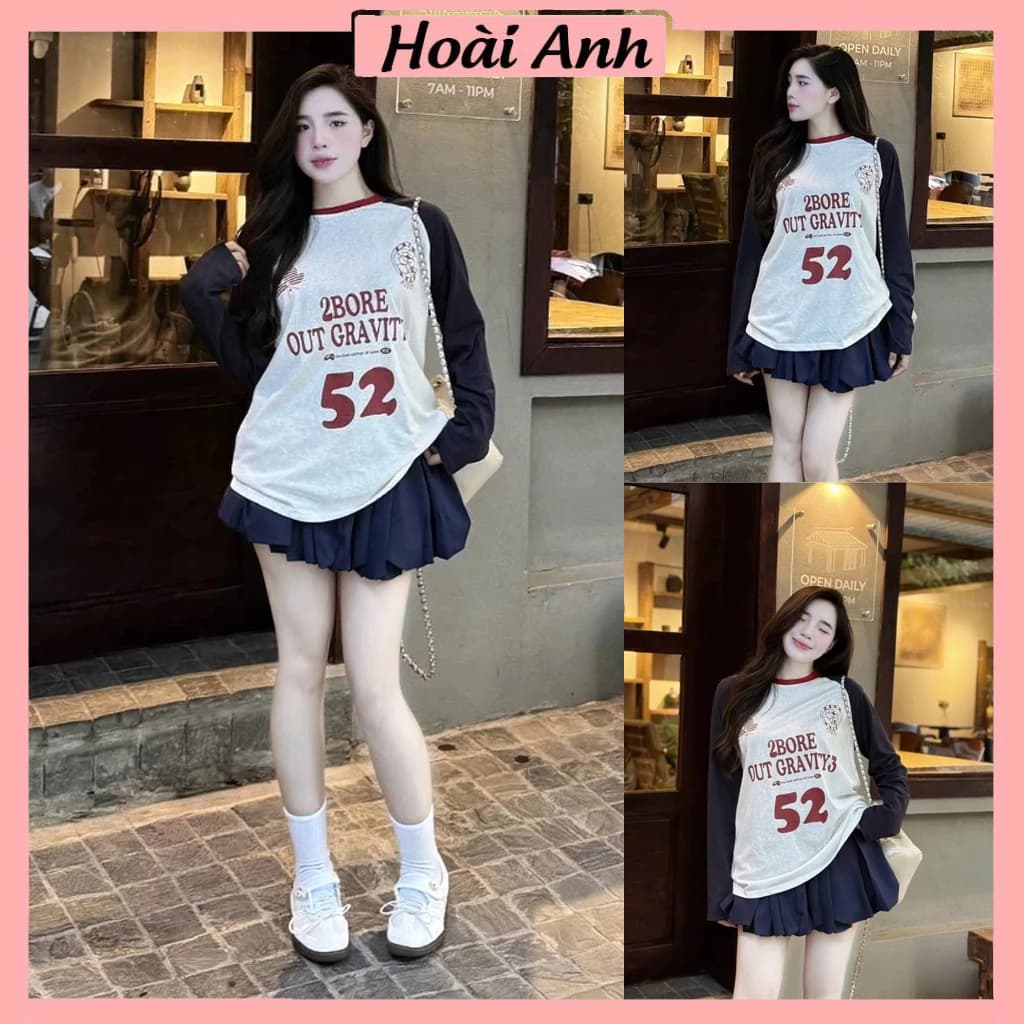 Set Bộ Đồ Nữ In Số 52 Áo Thun Giấy Dài Tay Phối Màu Xanh Than Viền Cổ Đỏ Mix Chân Váy Gió Nhăn Phồng Bí 2 Lớp