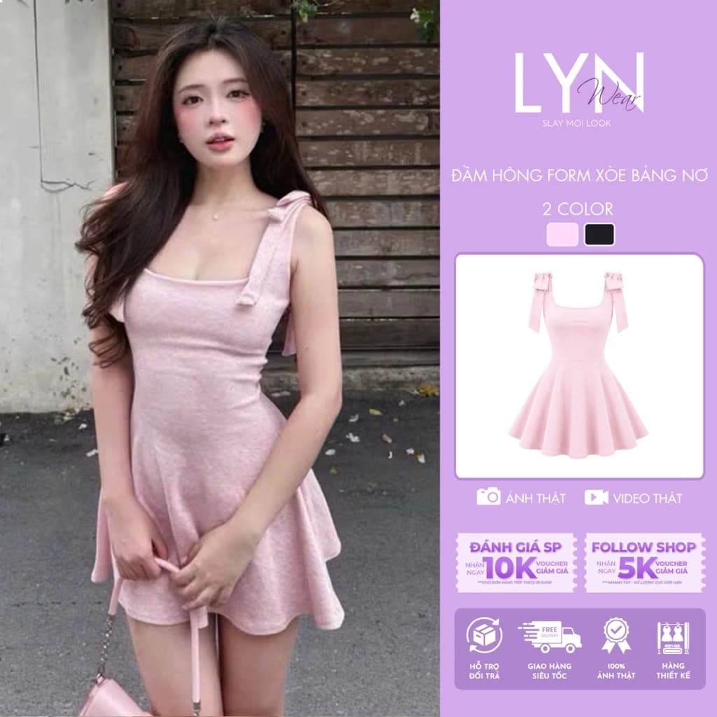 | LYN WEAR | (HOẢ TỐC) Đầm Nữ Form Xòe Nơ Vai Hồng Pastel Cổ Vuông Ôm Eo Thun Lông Th