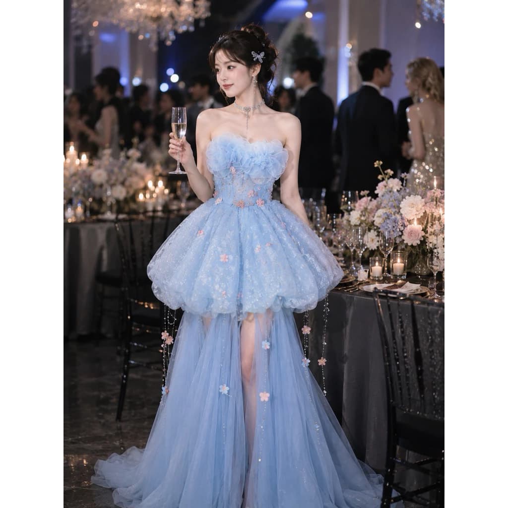Váy Dạ Hội Công Chúa Xanh Pastel Đính Hoa 3D Cao Cấp - Váy Dự Tiệc Trễ Vai Phồng Tầng Sang Trọng