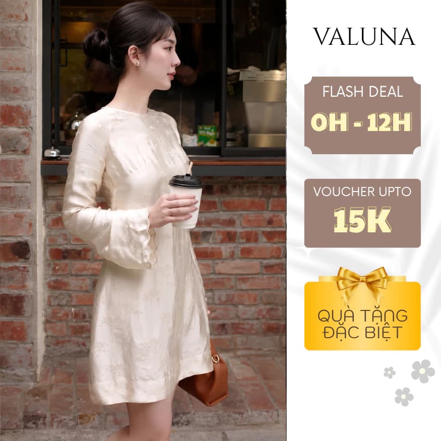 Váy lụa gấm tay dài dáng suông cao cấp thanh lịch mặc đi làm dạo phố dự tiệc VALUNA STORE 2736