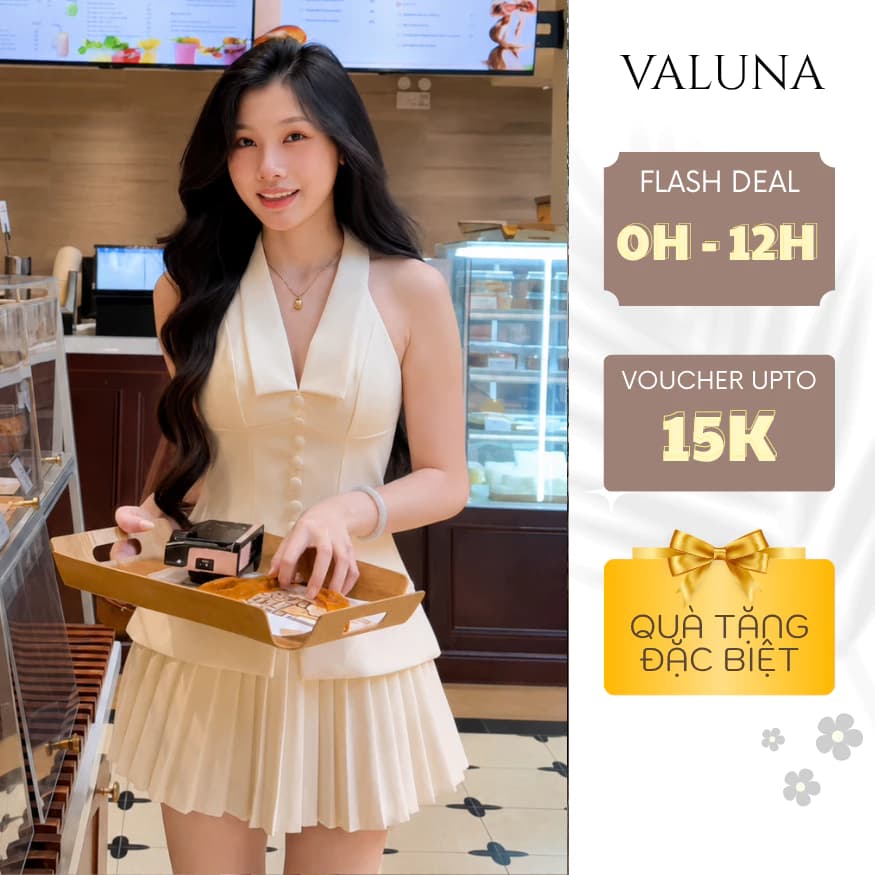 Váy ngắn cổ yếm xếp ly dáng xòe tôn dáng thanh lịch mặc đi chơi hẹn hò cao cấp VALUNA STORE 2737