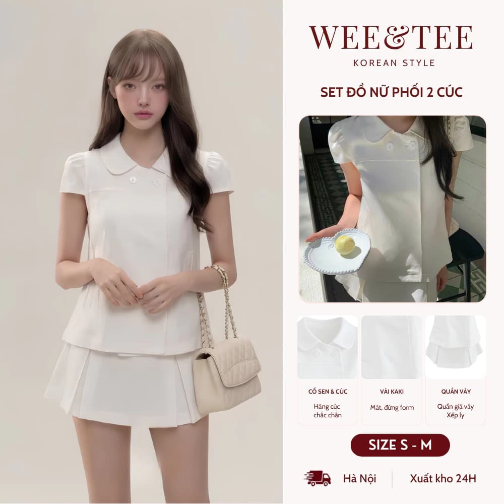 [SALE 9.9 GIẢM 30K] Set 2 Món Kaki Áo Cổ Sen 2 Cúc Phối Quần Giả Váy Xếp Ly Màu Trắng Khóa Giọt Lệ